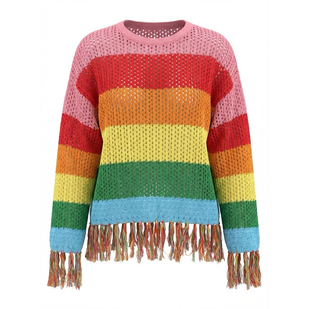 Pitusa Rainbow Striped Crochet Fringe‎ Sweater Womens Boho Open Knit Peru